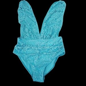 Aqua Lace Plunge One-Piece Swimsuit Size L. NWOT